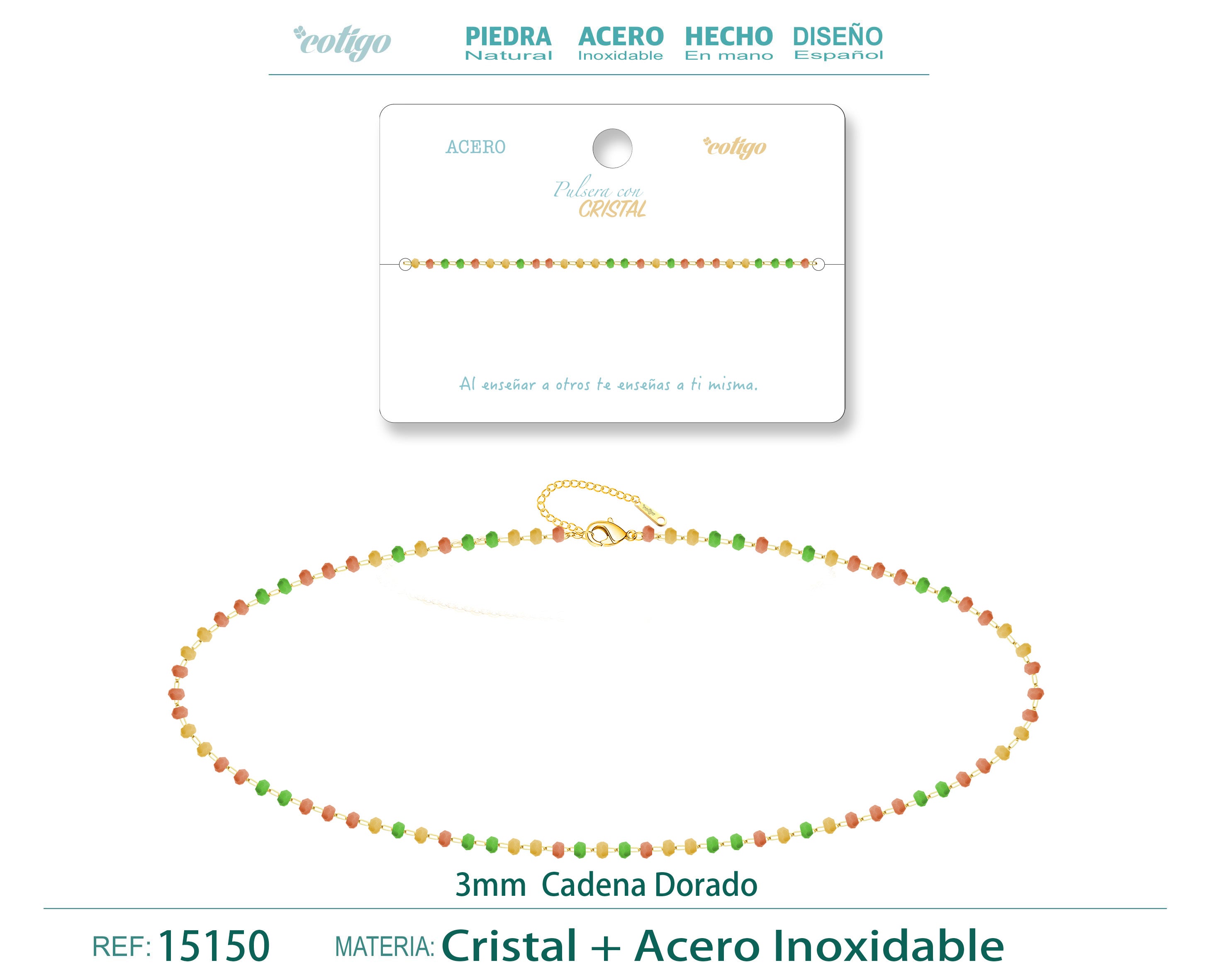 Pulsera de Cristales Rojo, Amarillo y Verde en Acero Inoxidable en acabado dorado – vista principal
