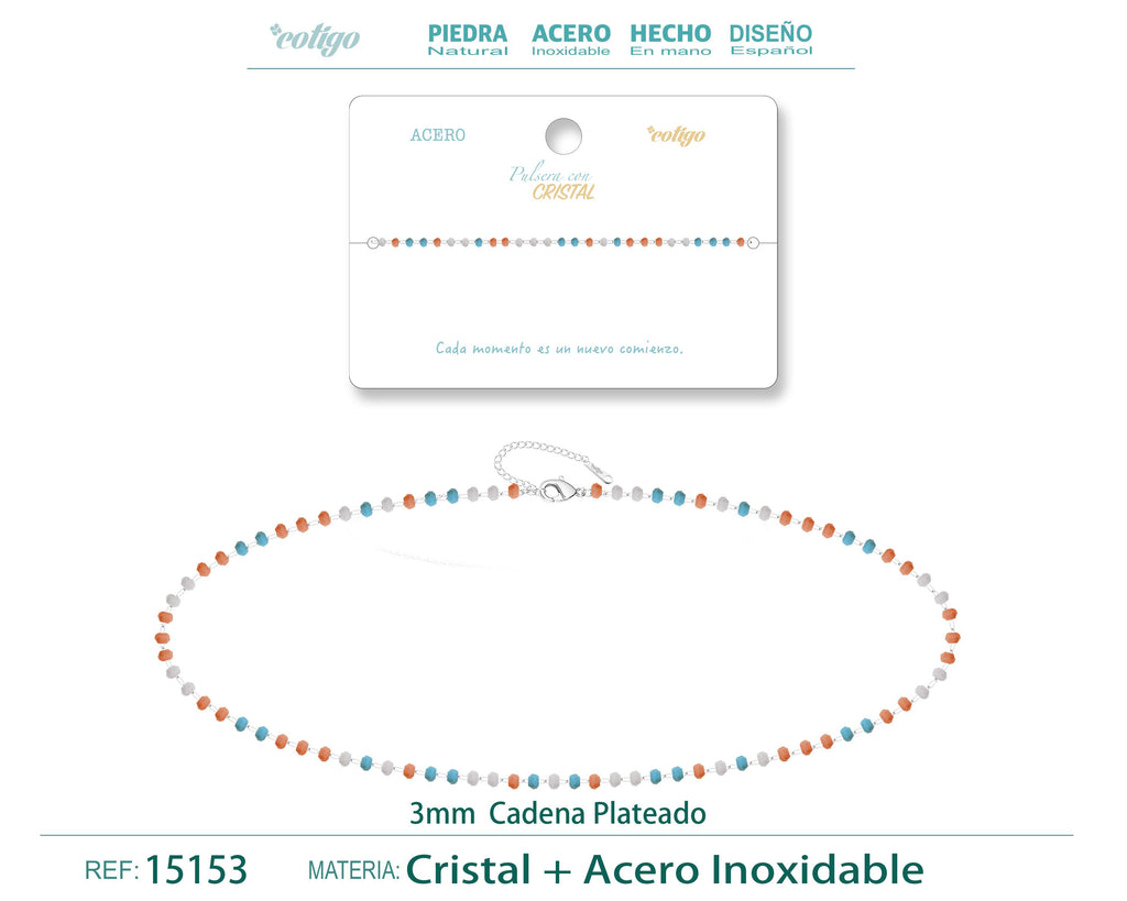 Pulsera de Cristales Turquesa, Coral y Blanco en Acero Inoxidable en acabado plateado – vista principal