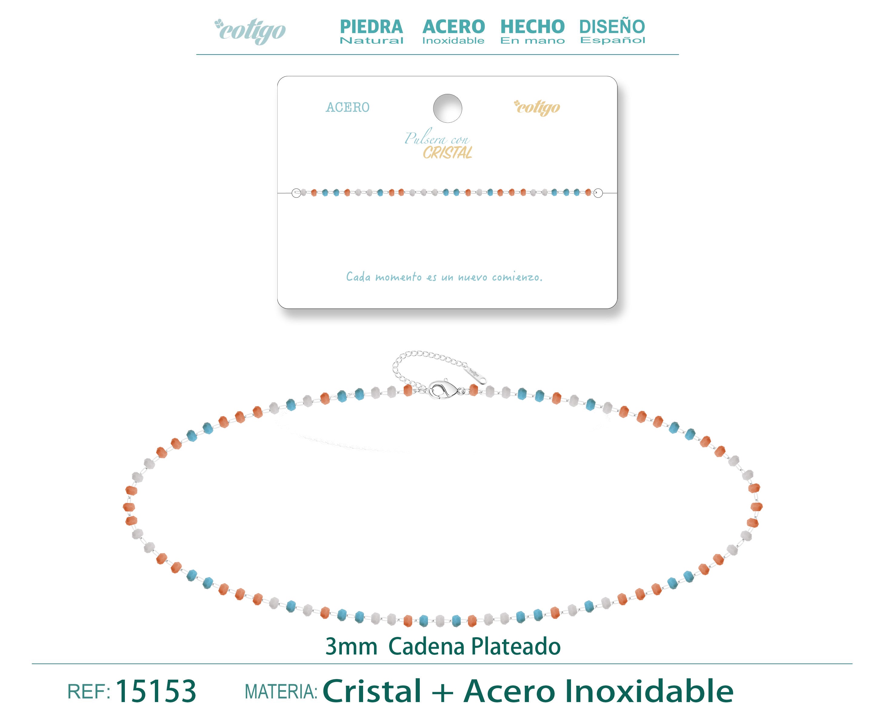 Pulsera de Cristales Turquesa, Coral y Blanco en Acero Inoxidable en acabado plateado – vista principal