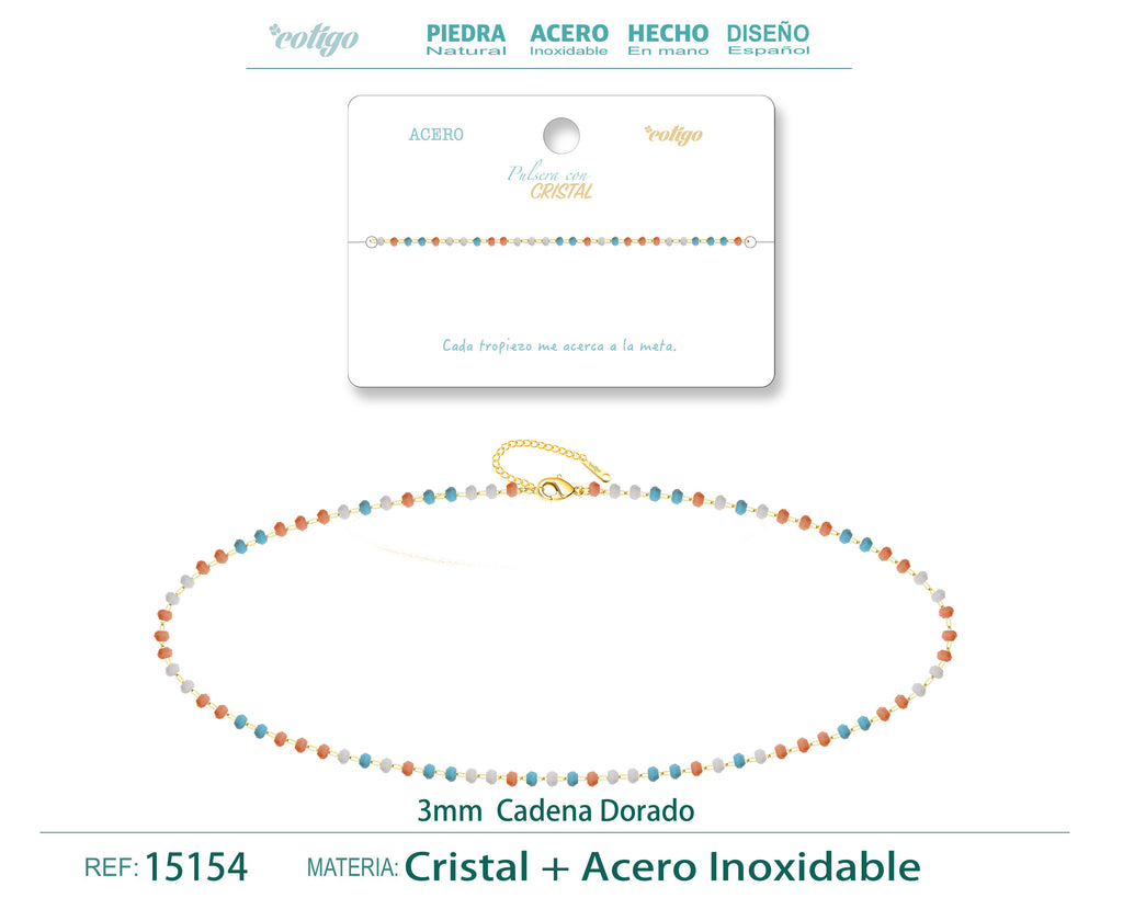 Pulsera de Cristales Turquesa, Coral y Blanco en Acero Inoxidable en acabado dorado – vista principal