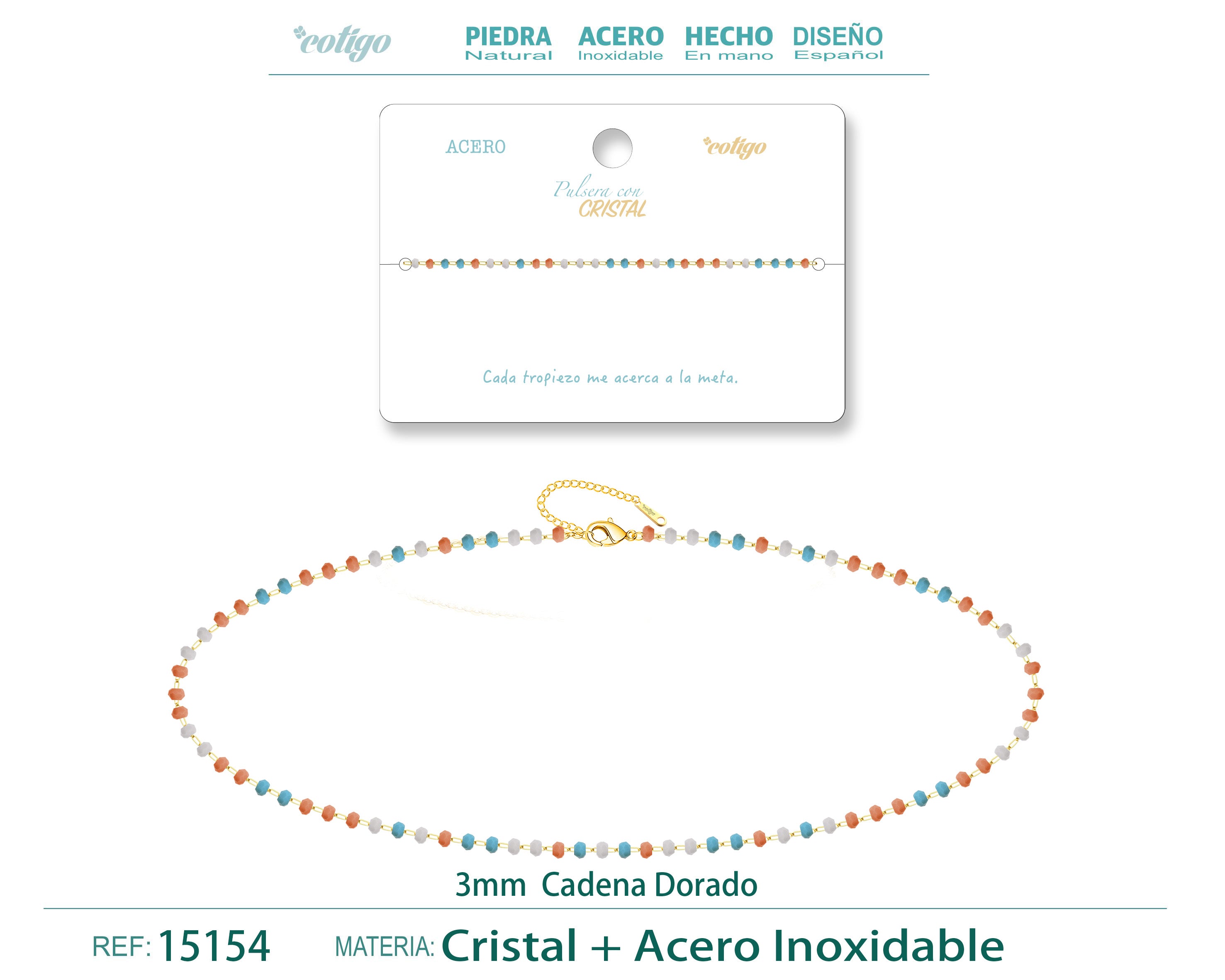 Pulsera de Cristales Turquesa, Coral y Blanco en Acero Inoxidable en acabado dorado – vista principal