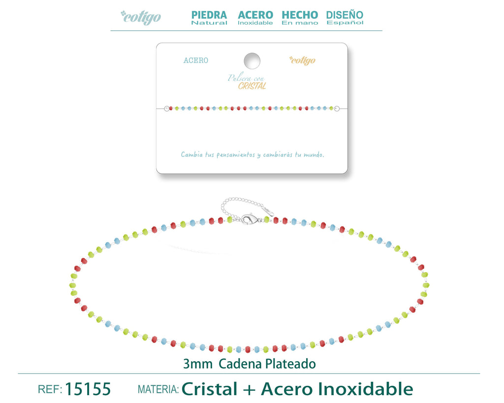 Pulsera de Cristales Multicolor en Acero Inoxidable en acabado plateado – vista principal del diseño cristales multicolor