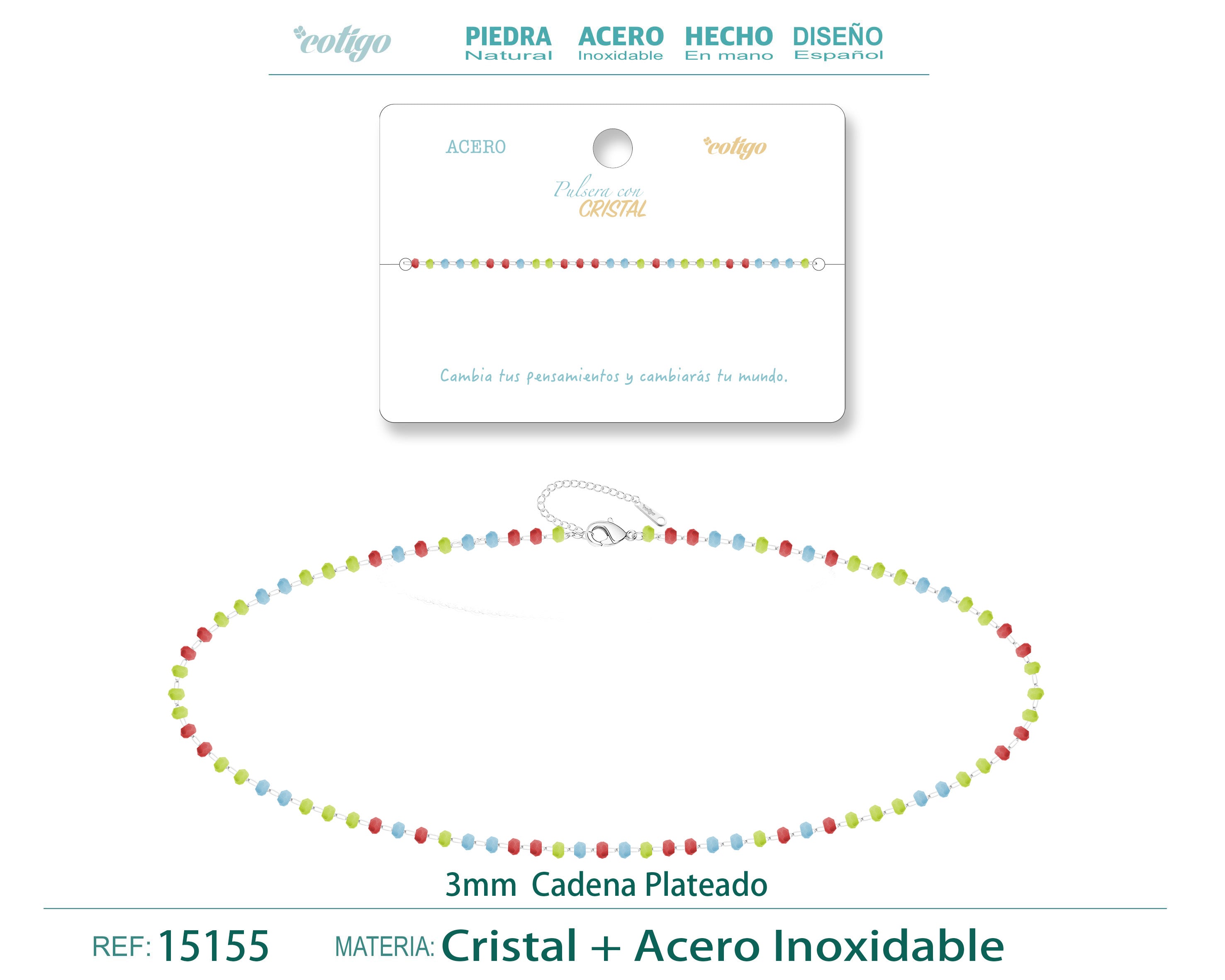 Pulsera de Cristales Multicolor en Acero Inoxidable en acabado plateado – vista principal del diseño cristales multicolor