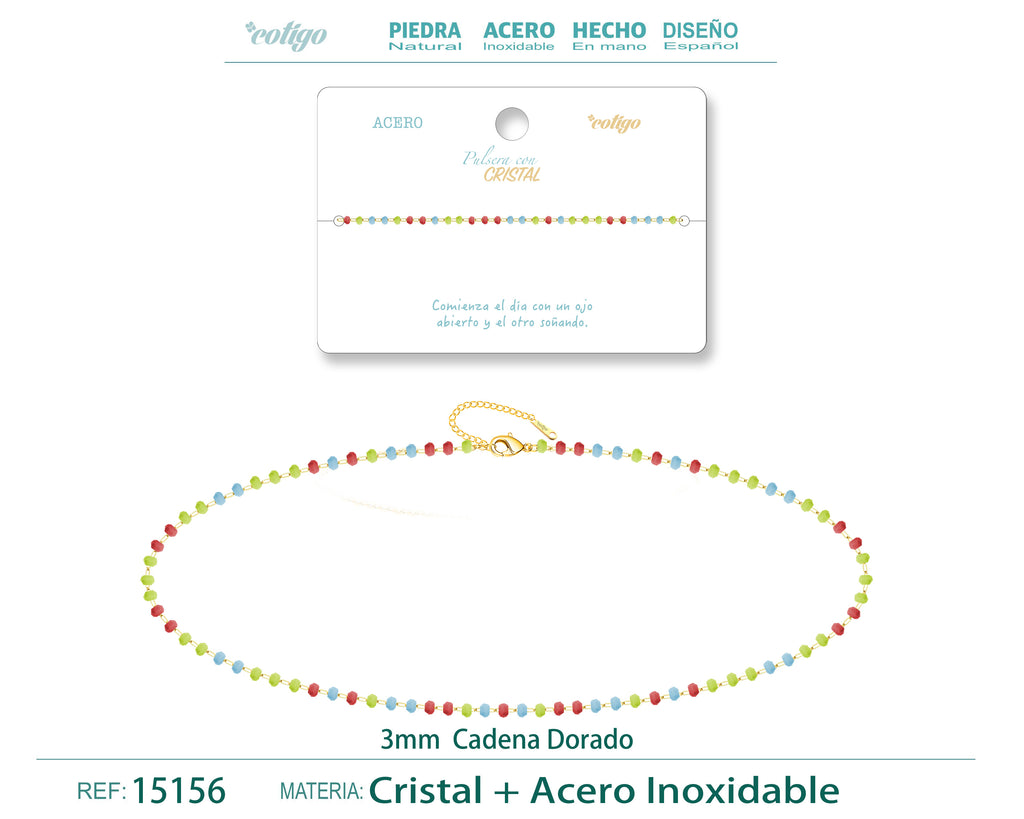 Pulsera de Cristales Multicolor en Acero Inoxidable en acabado dorado – vista principal del diseño cristales multicolor