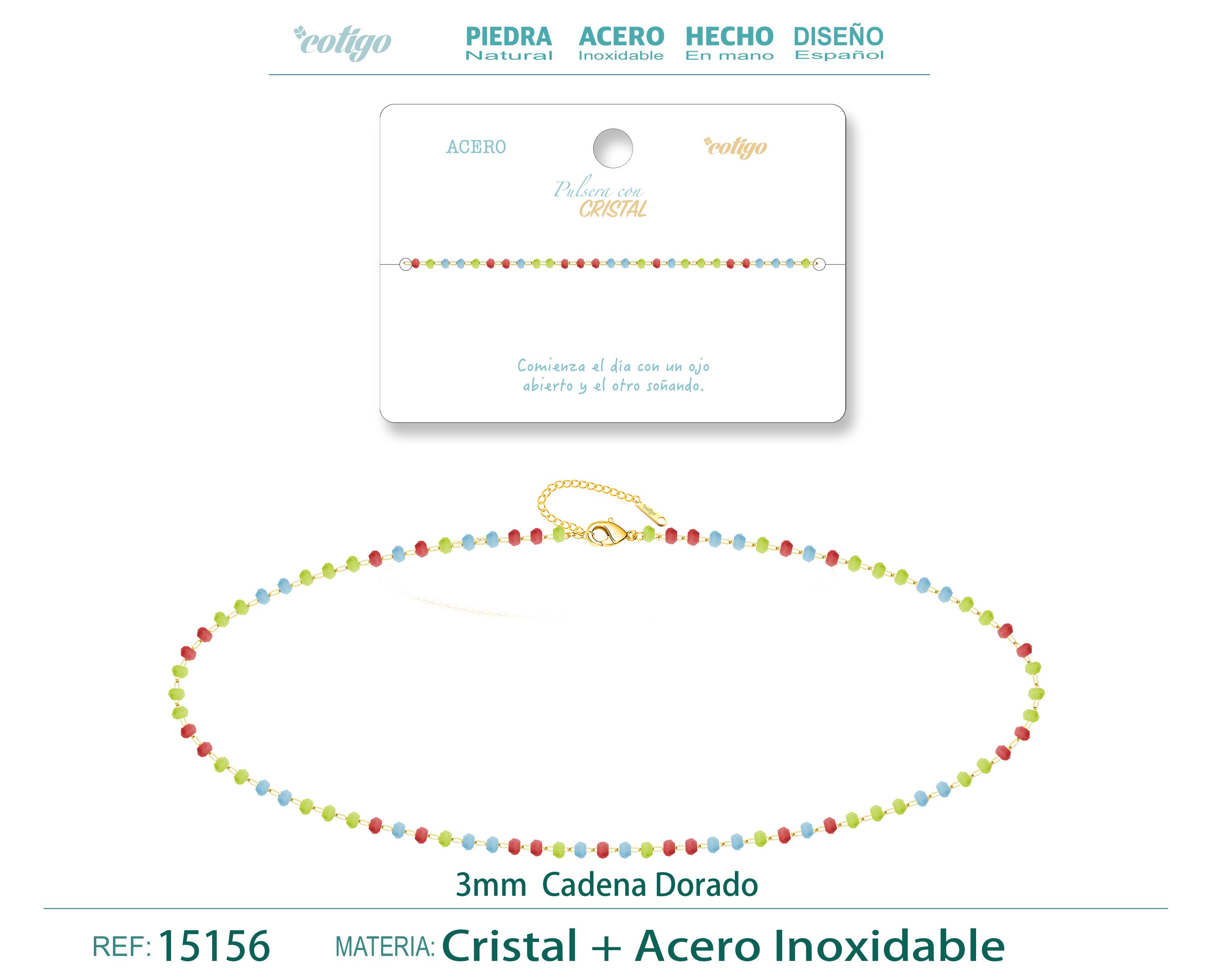 Pulsera de Cristales Multicolor en Acero Inoxidable en acabado dorado – vista principal del diseño cristales multicolor