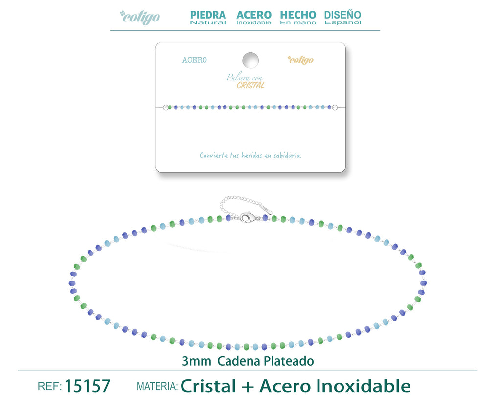 Pulsera de Cristales Azul Marino, Verde y Blanco en Acero Inoxidable en acabado plateado – vista principal