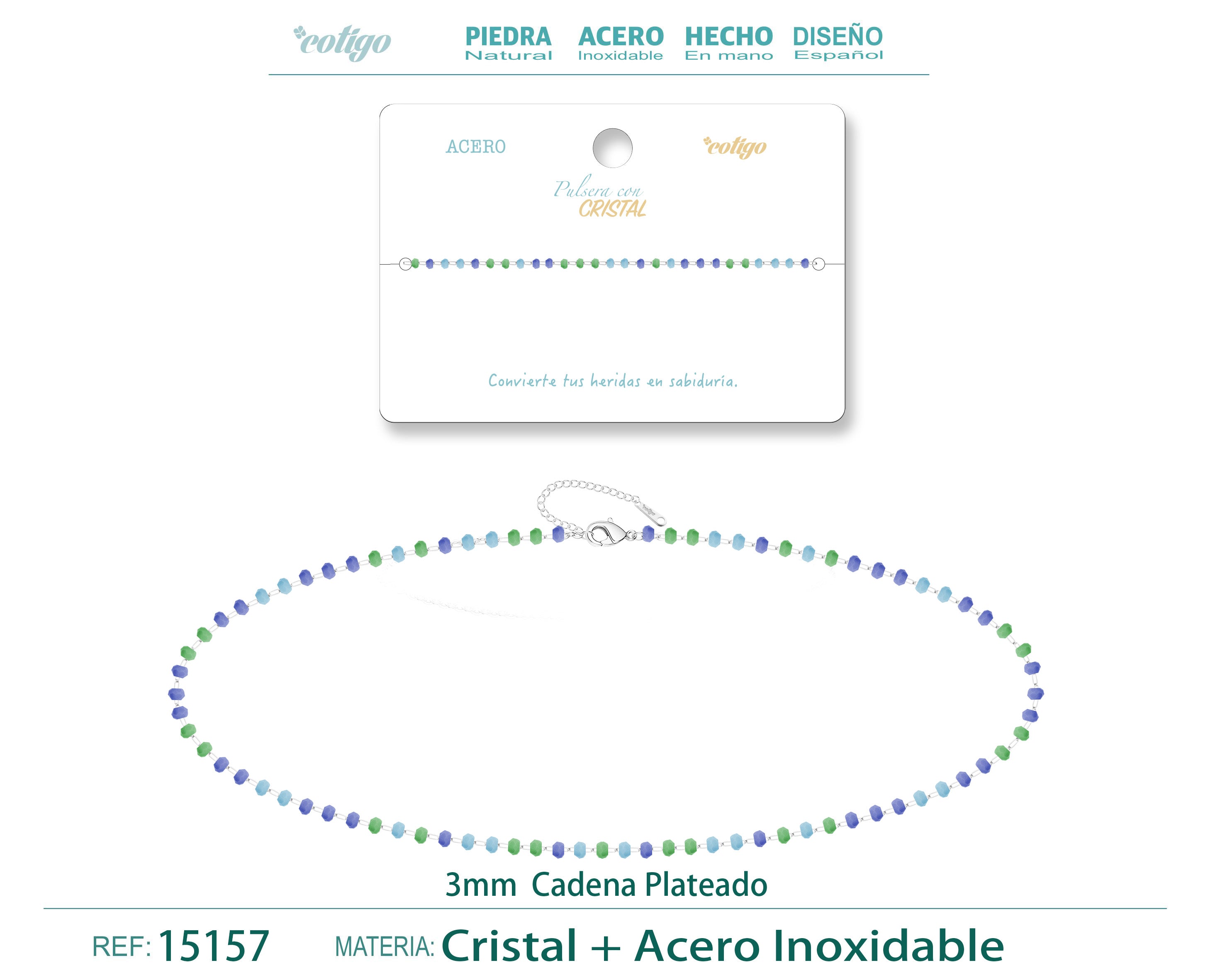 Pulsera de Cristales Azul Marino, Verde y Blanco en Acero Inoxidable en acabado plateado – vista principal