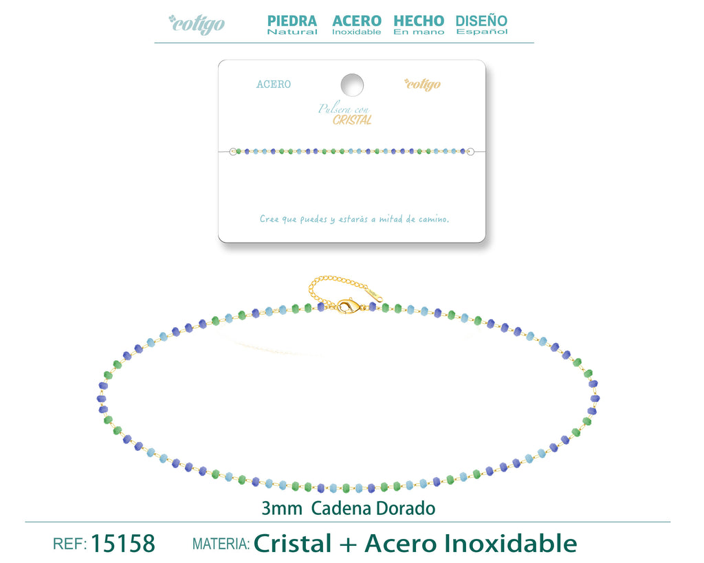 Pulsera de Cristales Azul Marino, Verde y Blanco en Acero Inoxidable en acabado dorado – vista principal
