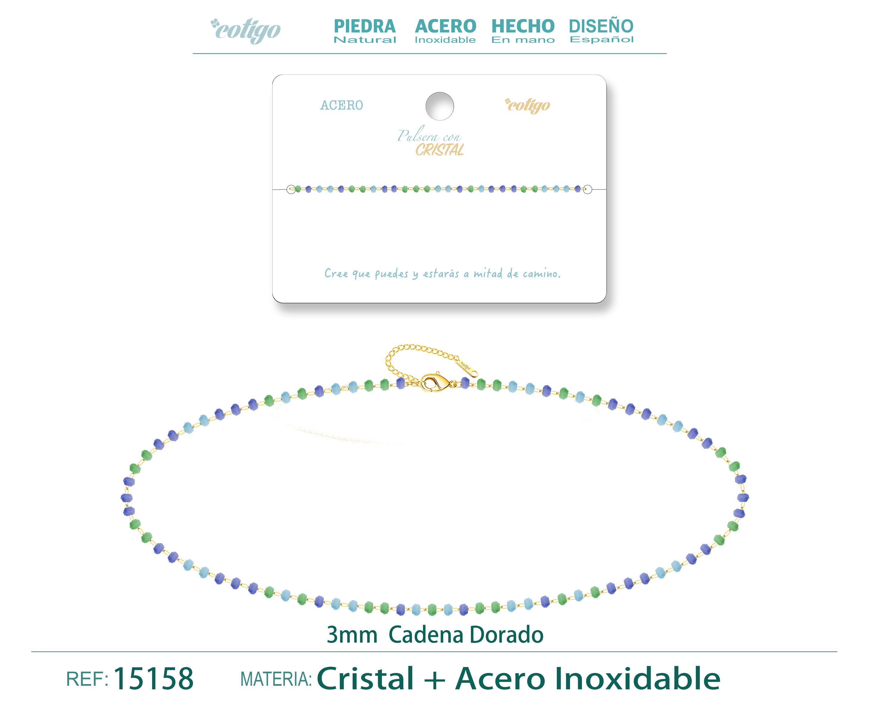 Pulsera de Cristales Azul Marino, Verde y Blanco en Acero Inoxidable en acabado dorado – vista principal