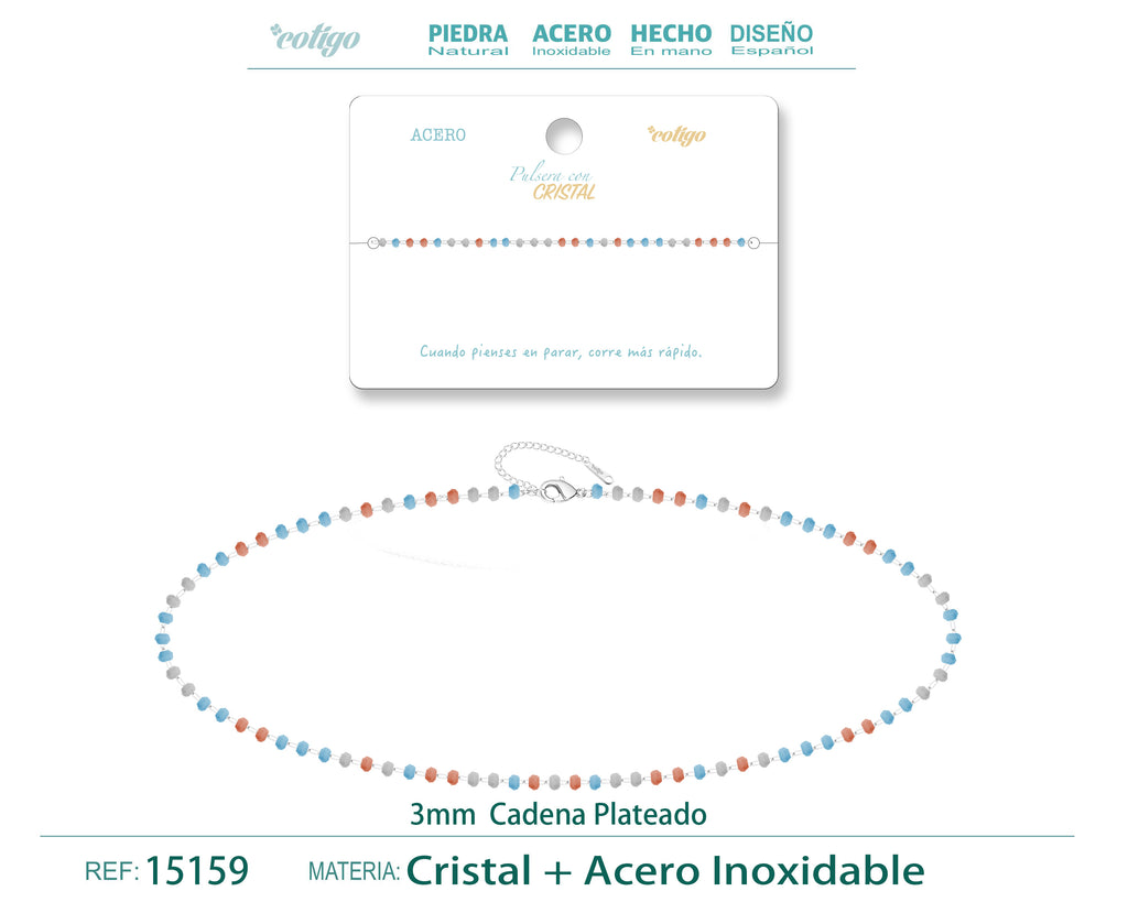 Pulsera de Cristales Azul Claro y Coral en Acero Inoxidable – vista principal del diseño cristales azul claro y coral