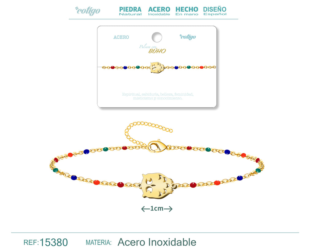 Pulsera Multicolor con Búho en Acero Inoxidable – vista principal del diseño multicolor con búho