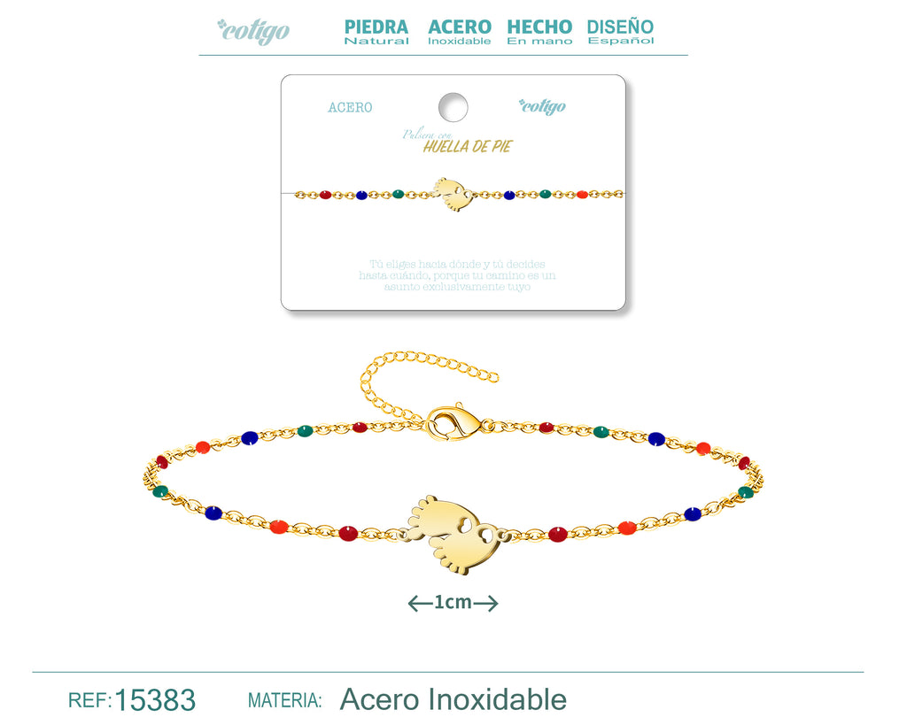 Pulsera Multicolor con Huella de Pie en Acero Inoxidable – vista principal del diseño multicolor con huella de pie