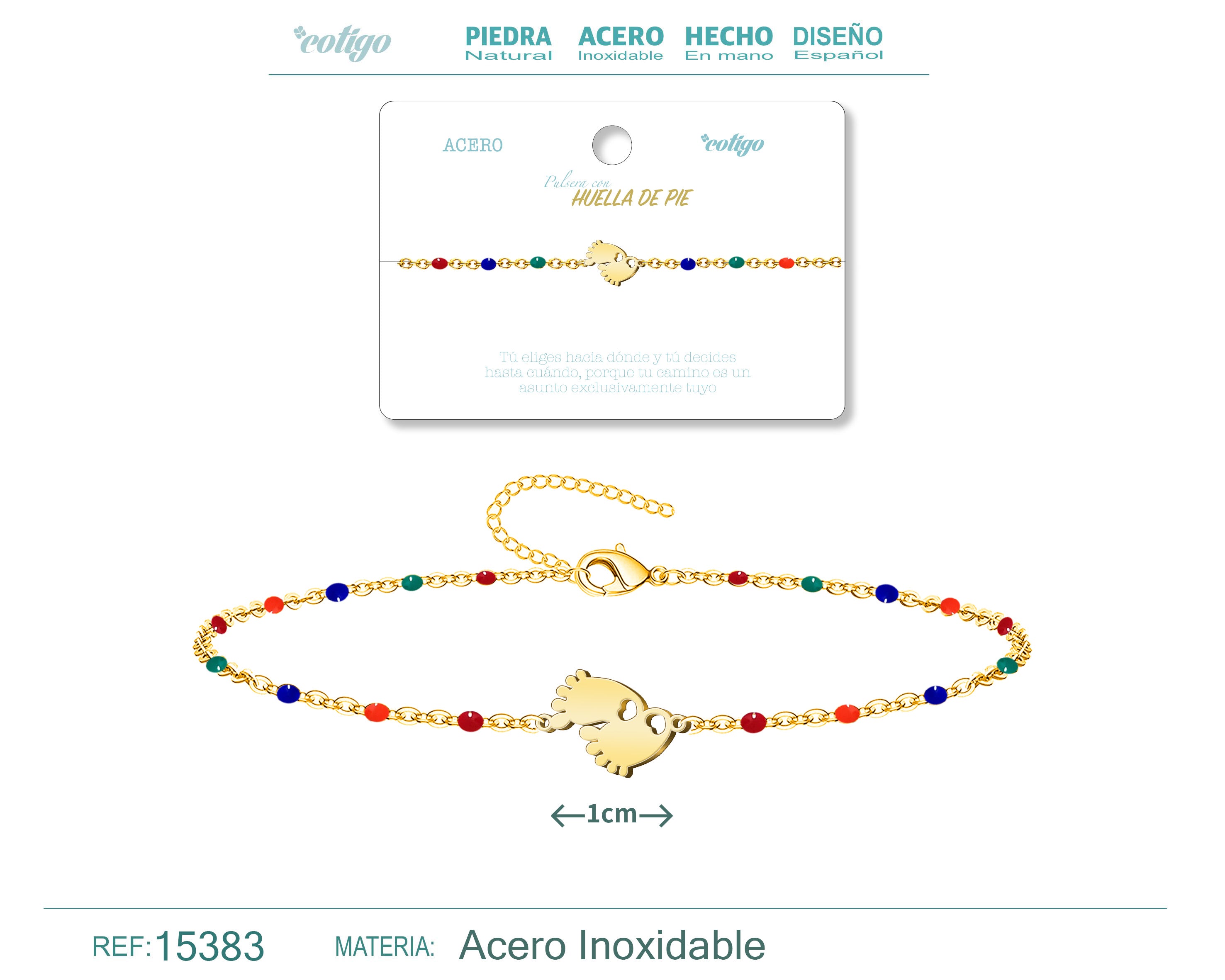 Pulsera Multicolor con Huella de Pie en Acero Inoxidable – vista principal del diseño multicolor con huella de pie