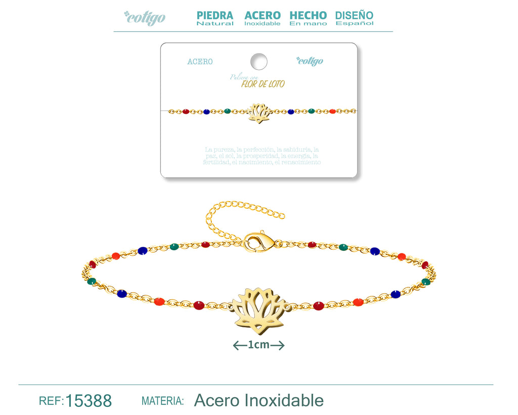 Pulsera Multicolor con Flor de Loto en Acero Inoxidable – vista principal del diseño multicolor con flor de loto