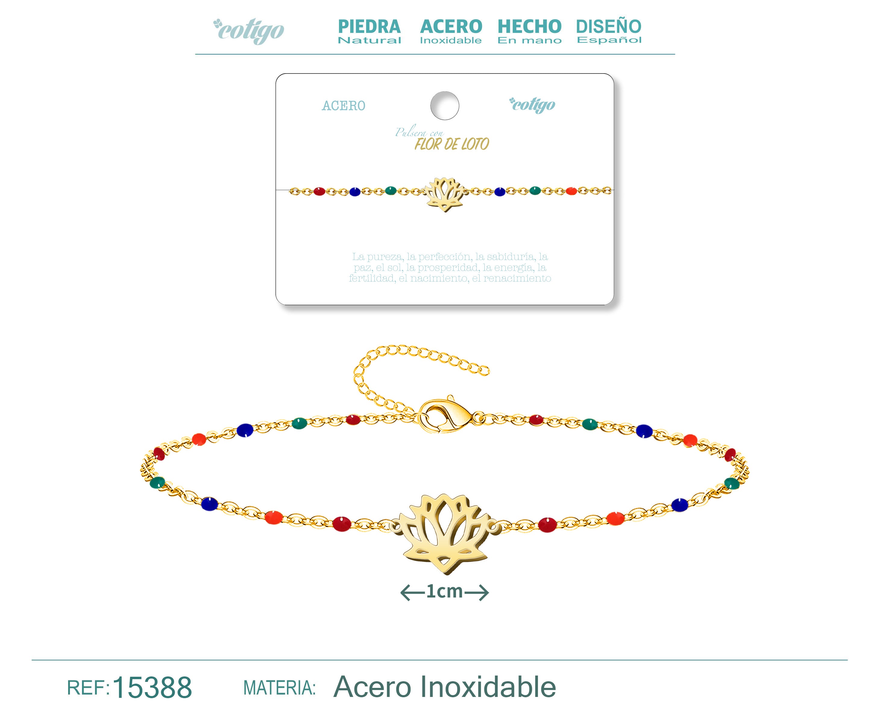 Pulsera Multicolor con Flor de Loto en Acero Inoxidable – vista principal del diseño multicolor con flor de loto