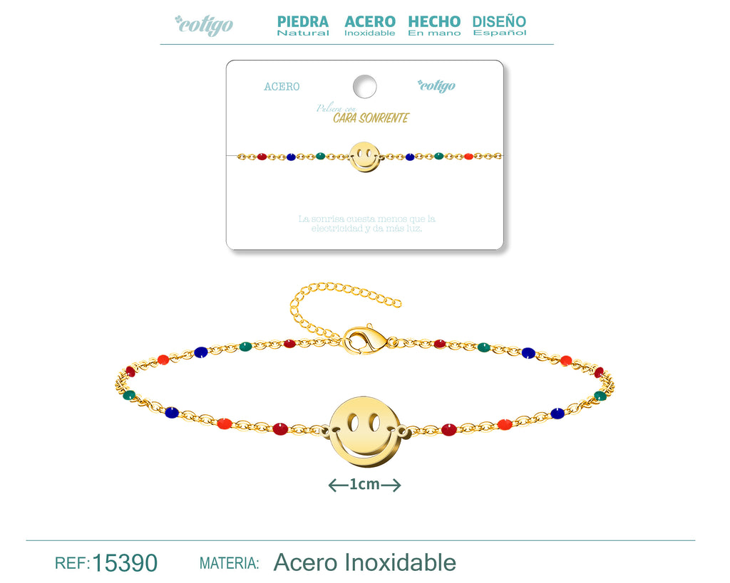 Pulsera Multicolor con Cara Sonriente en Acero Inoxidable – vista principal del diseño multicolor con cara sonriente