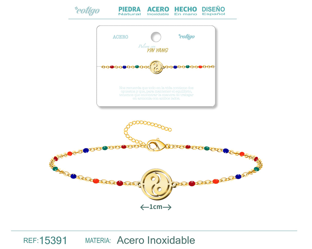 Pulsera Multicolor con Yin Yang en Acero Inoxidable – vista principal del diseño multicolor con yin yang