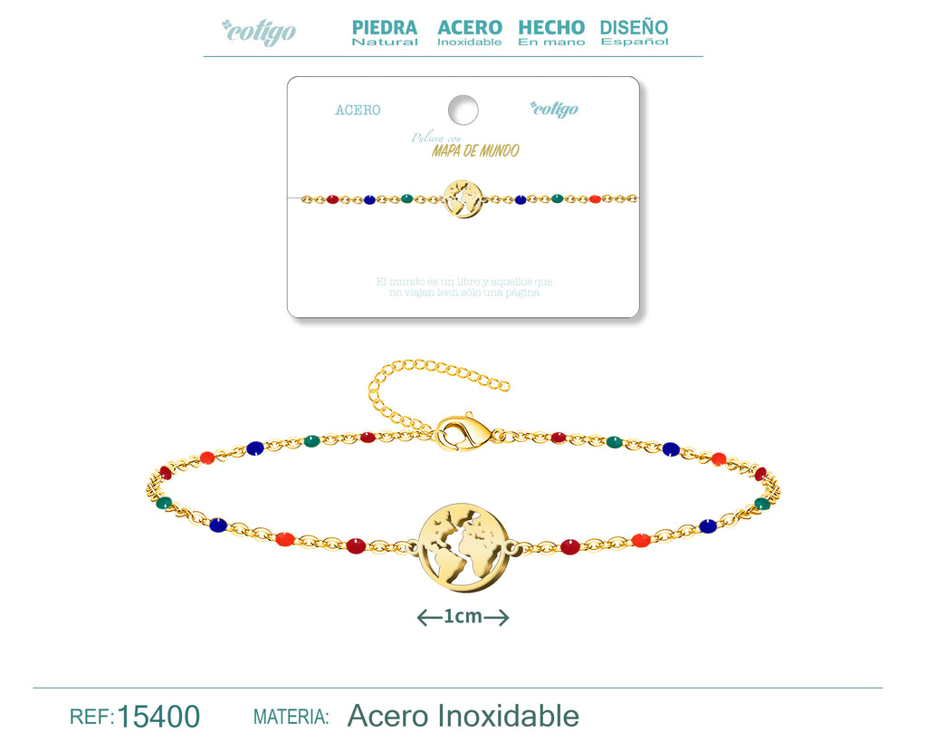Pulsera Multicolor con Mapa del Mundo en Acero Inoxidable – vista principal del diseño multicolor con mapa del mundo