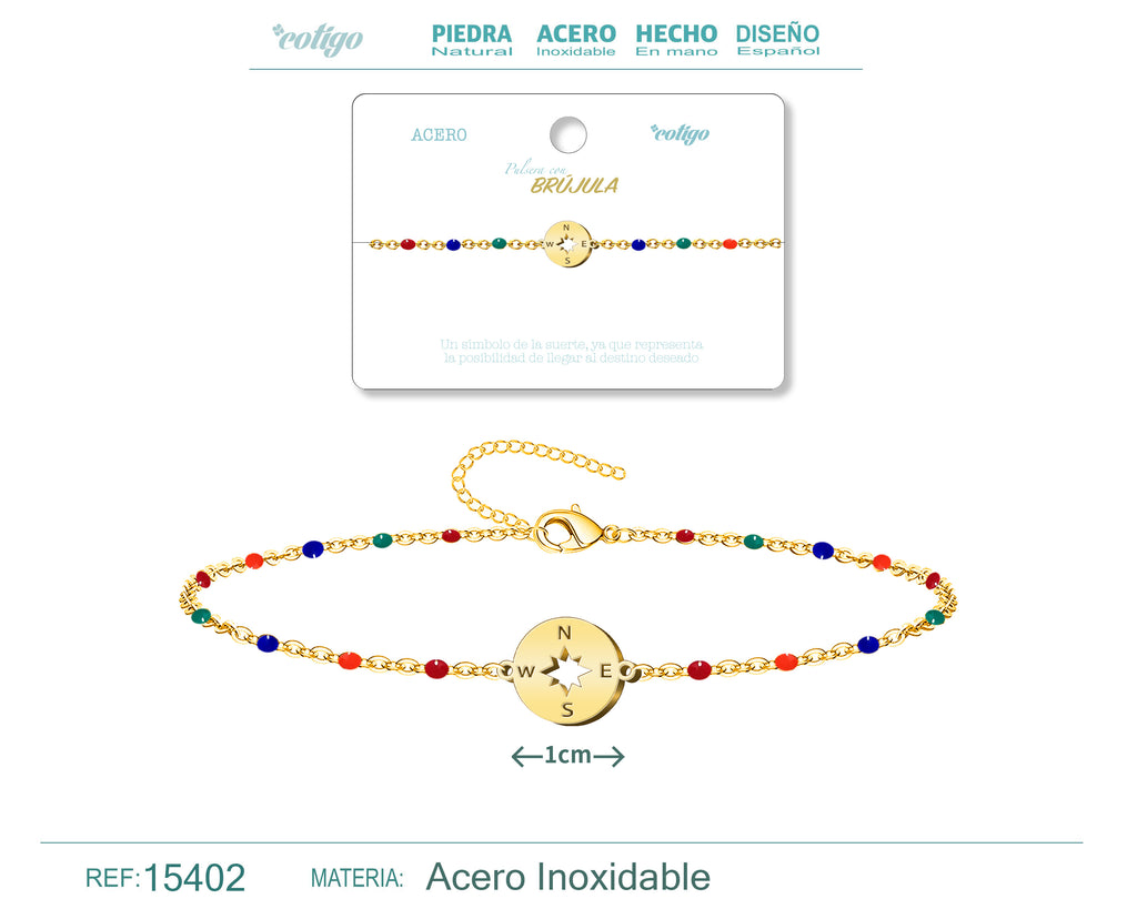 Pulsera Multicolor con Brújula en Acero Inoxidable – vista principal del diseño multicolor con brújula