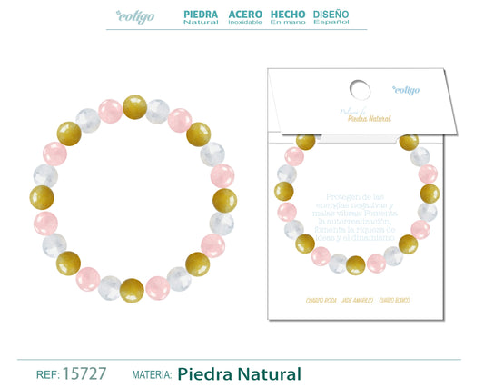 Pulsera Piedra Jade amarillo+Cuarzo rosa+Cuarzo blanco