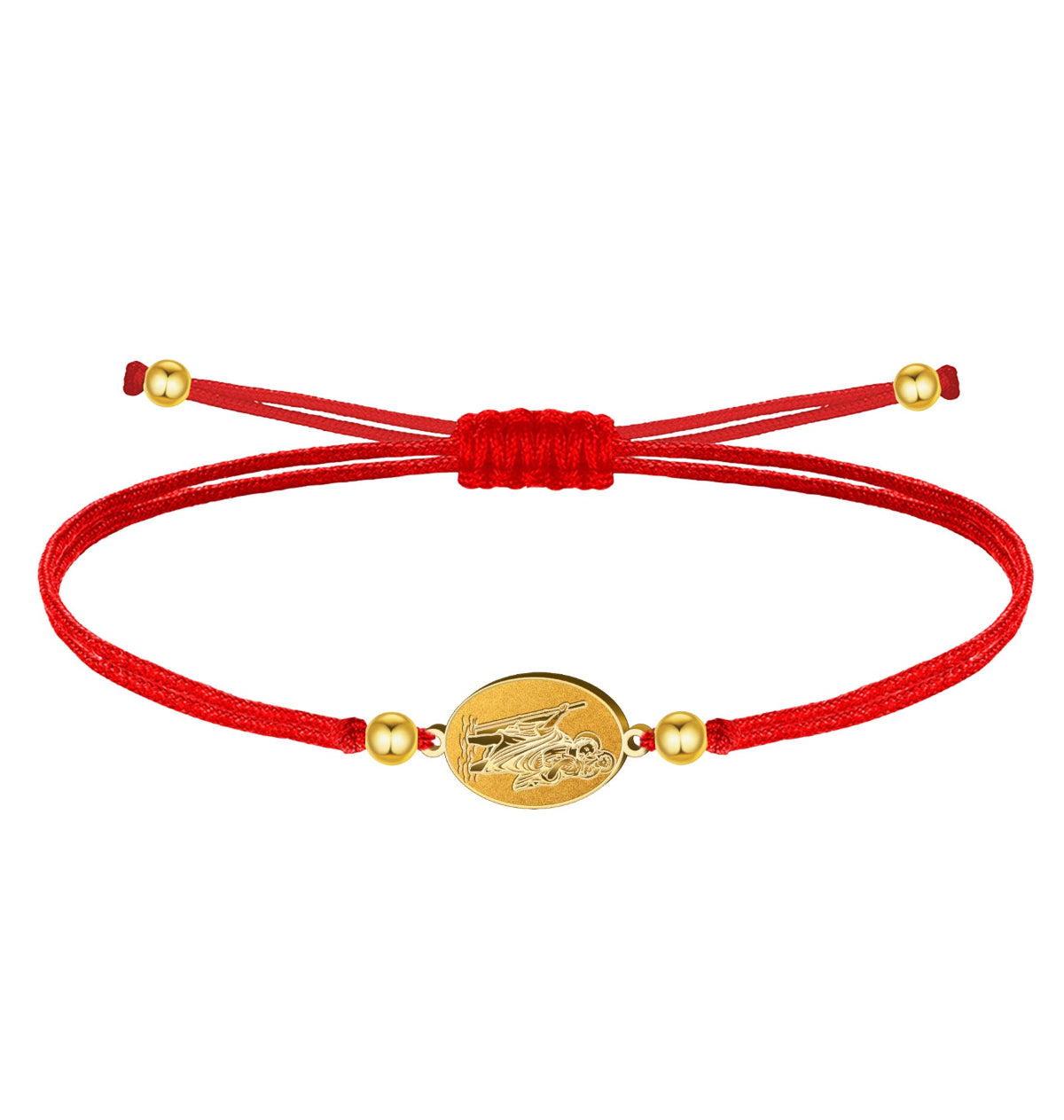 Pulsera de hilo encerado ajustable con medalla de San Cristóbal portando al Niño Jesús, disponible en rojo, amuleto de protección para viajeros y conductores.
