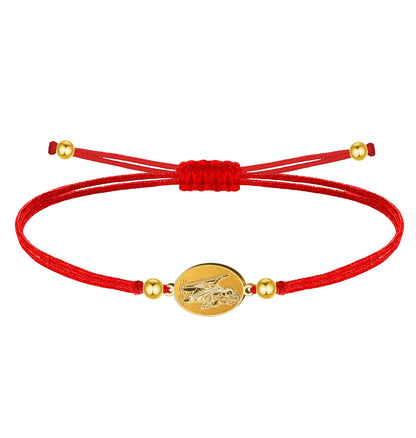 Pulsera de hilo encerado ajustable con medalla de San Cristóbal portando al Niño Jesús, disponible en rojo, amuleto de protección para viajeros y conductores.