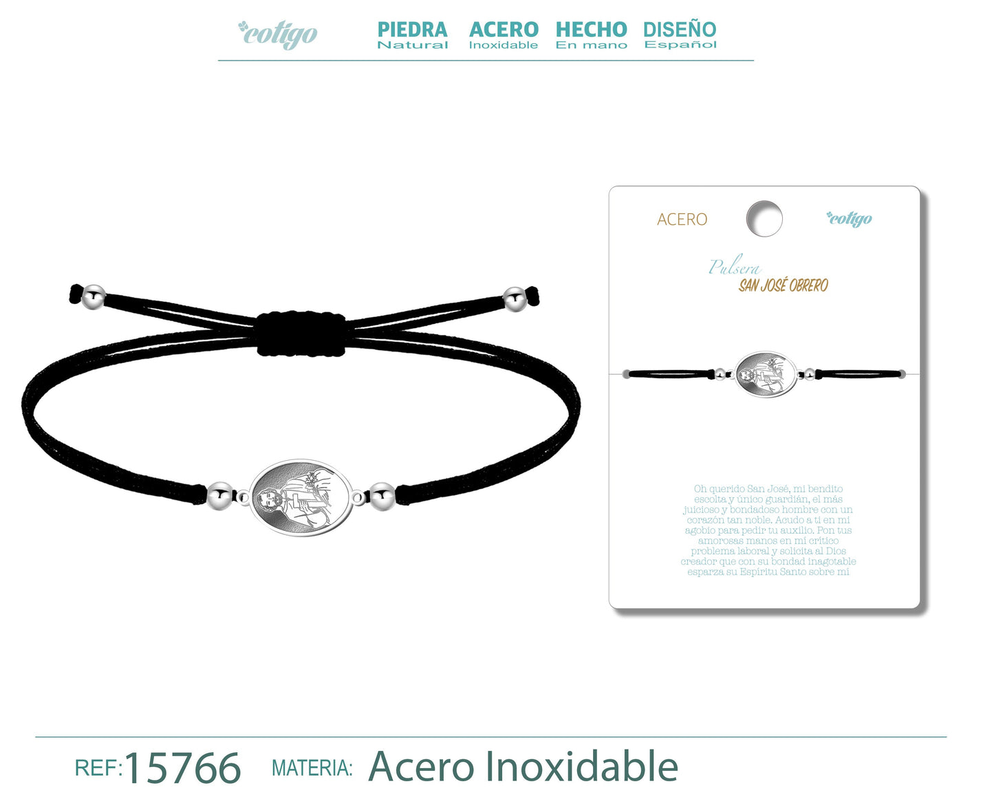 Pulsera Hilo Encerado con SAN JOSE OBRERO color Plateado