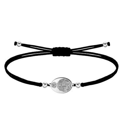 Pulsera de hilo encerado ajustable con medalla de San José Obrero en acero inoxidable. Disponible en hilo negro con acabado plateado.