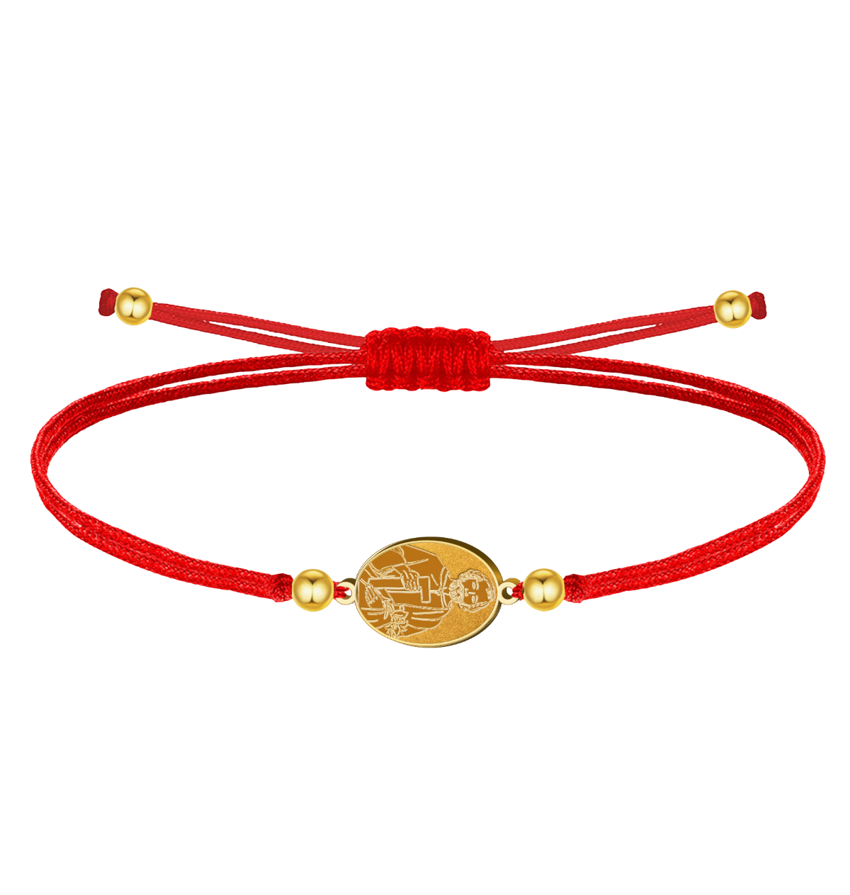 Pulsera de hilo encerado ajustable con medalla de San José Obrero en acero inoxidable. Disponible en hilo rojo con acabado dorado