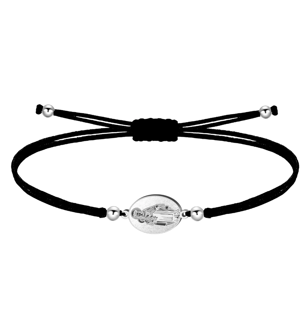 Pulsera de hilo negro encerado con medalla virgen del carmen acero plateado amuleto protección marineros y conductores