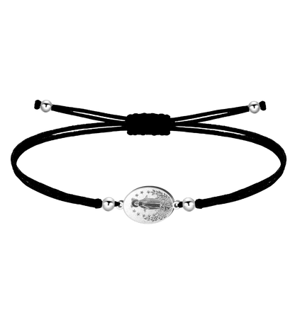 Pulsera hilo negro encerado Virgen de Fátima y Medalla Milagrosa plateada acero inoxidable ajustable regalo religioso hombre mujer unisex