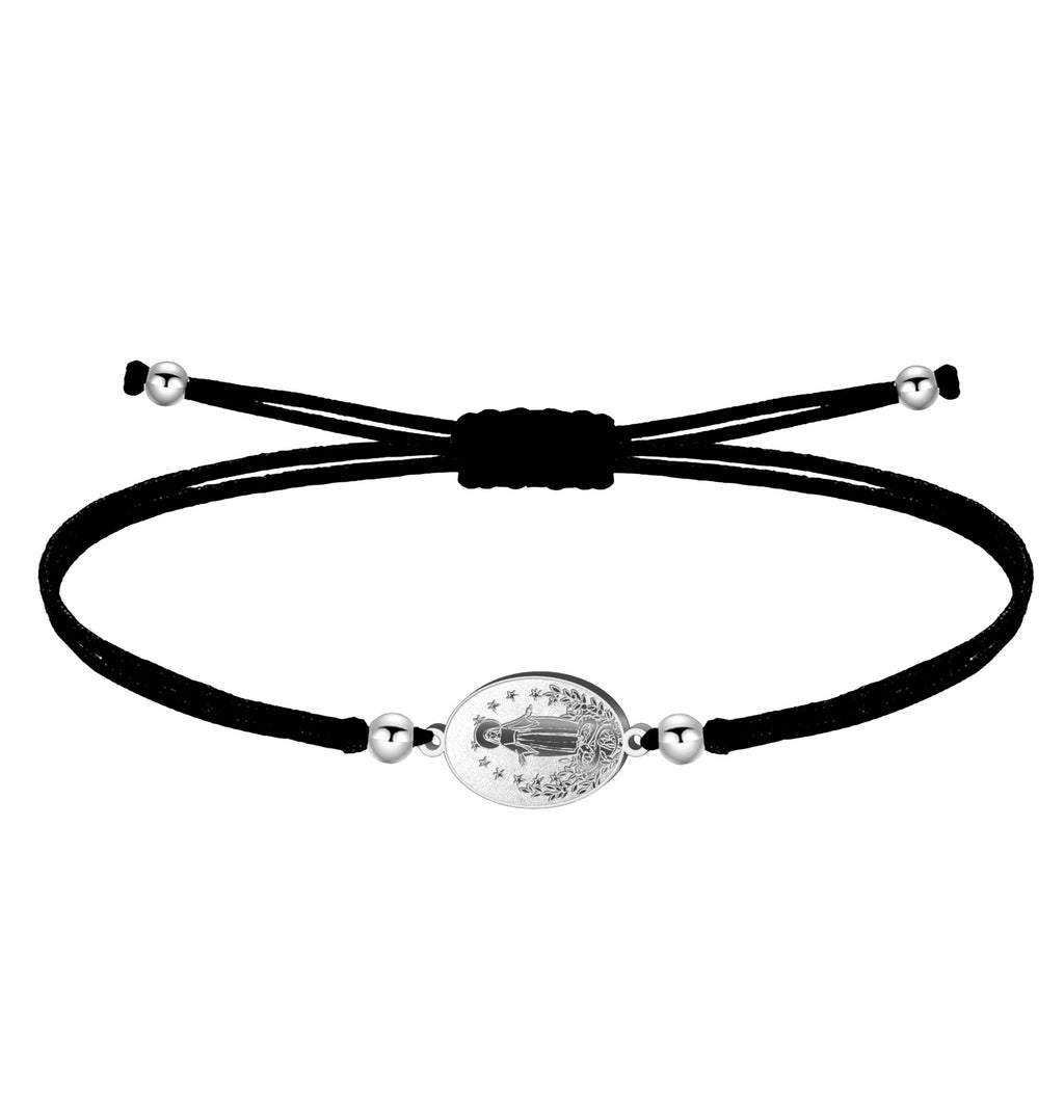 Pulsera negra con medalla plateada de la Virgen de Fátima