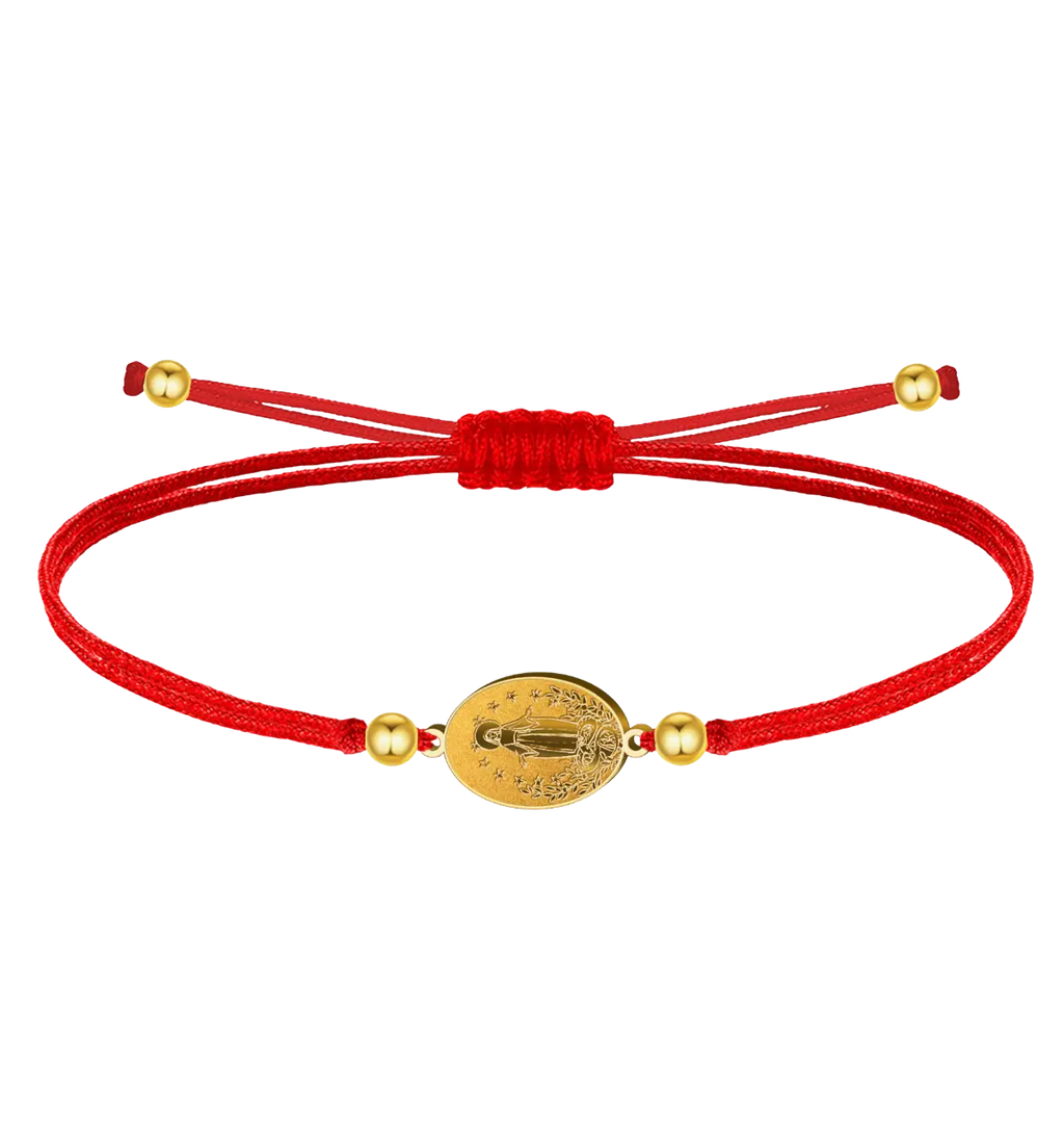 Pulsera hilo rojo encerado medalla Virgen de Fátima y Milagrosa dorada cuentas acero inoxidable amuleto protección mal de ojo mujer ajustable