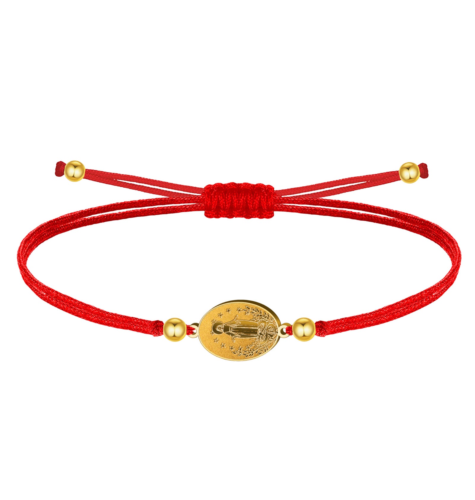 Pulsera Medalla de Virgen de Fátima Hilo Rojo en Acero Dorado