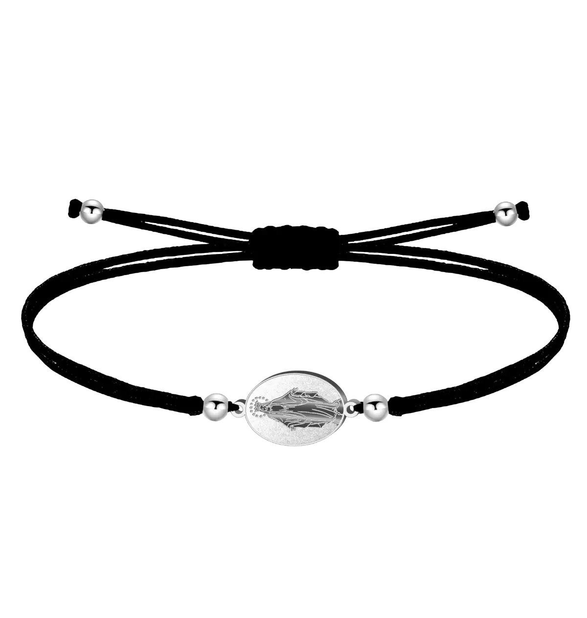 Pulsera hilo negro encerado Medalla Milagrosa Virgen de los Rayos plateada acero inoxidable ajustable regalo religioso protección unisex