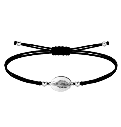 Pulsera hilo negro encerado Medalla Milagrosa Virgen de los Rayos plateada acero inoxidable ajustable regalo religioso protección unisex