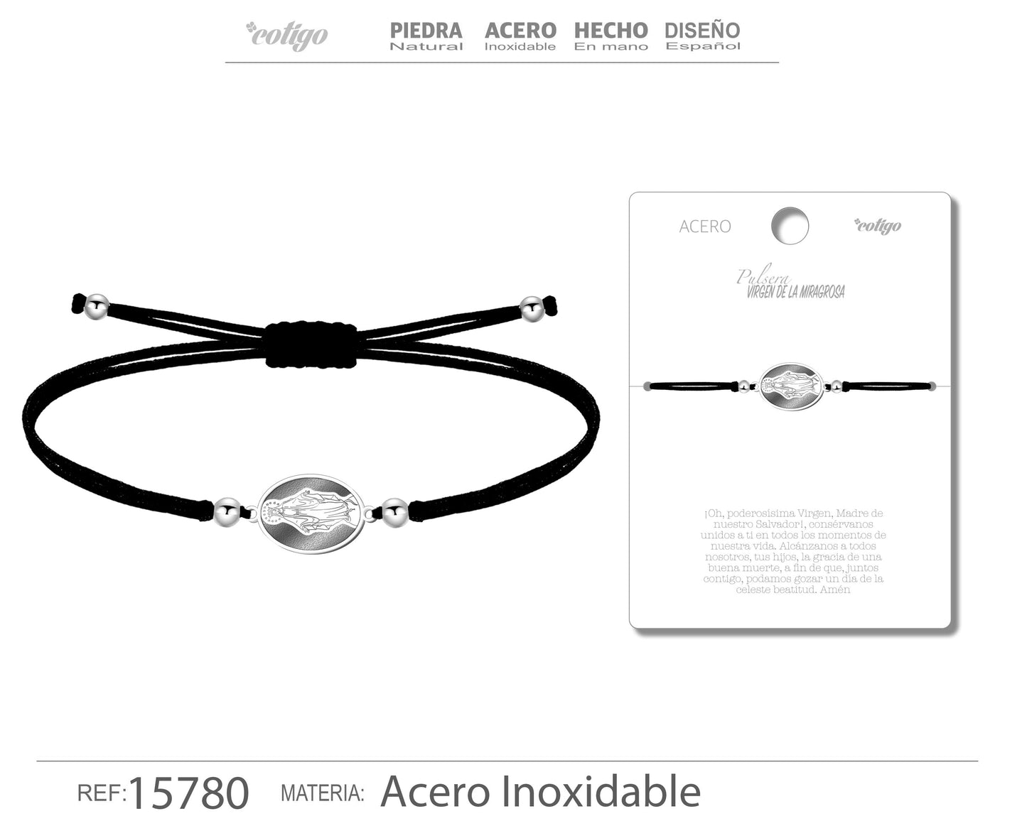 Pulsera Hilo Encerado con Virgen de la Milagrosa color plateado Acero