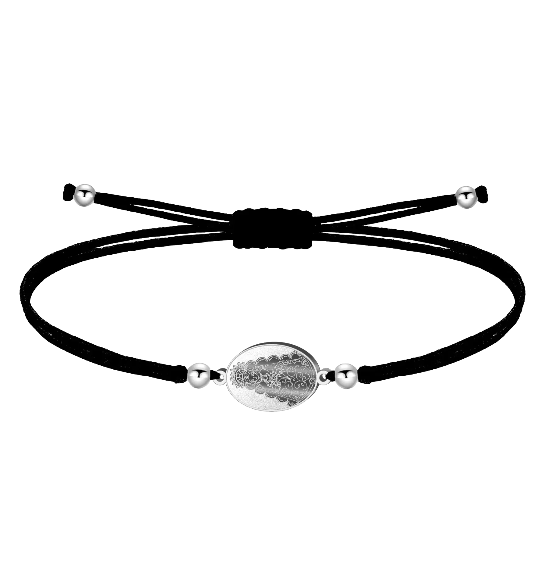 Pulsera de hilo encerado negro con medalla ovalada de la Virgen del Rocío en acero plateado y cuentas laterales