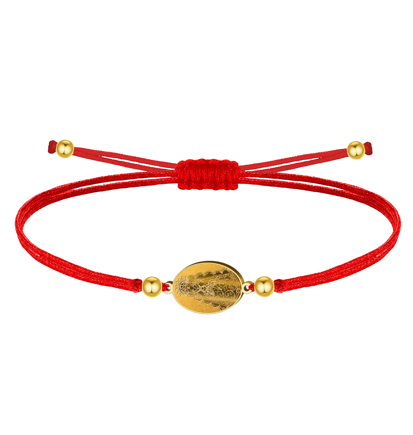 Pulsera de hilo encerado rojo con medalla ovalada de la Virgen del Rocío y cuentas en acero dorado