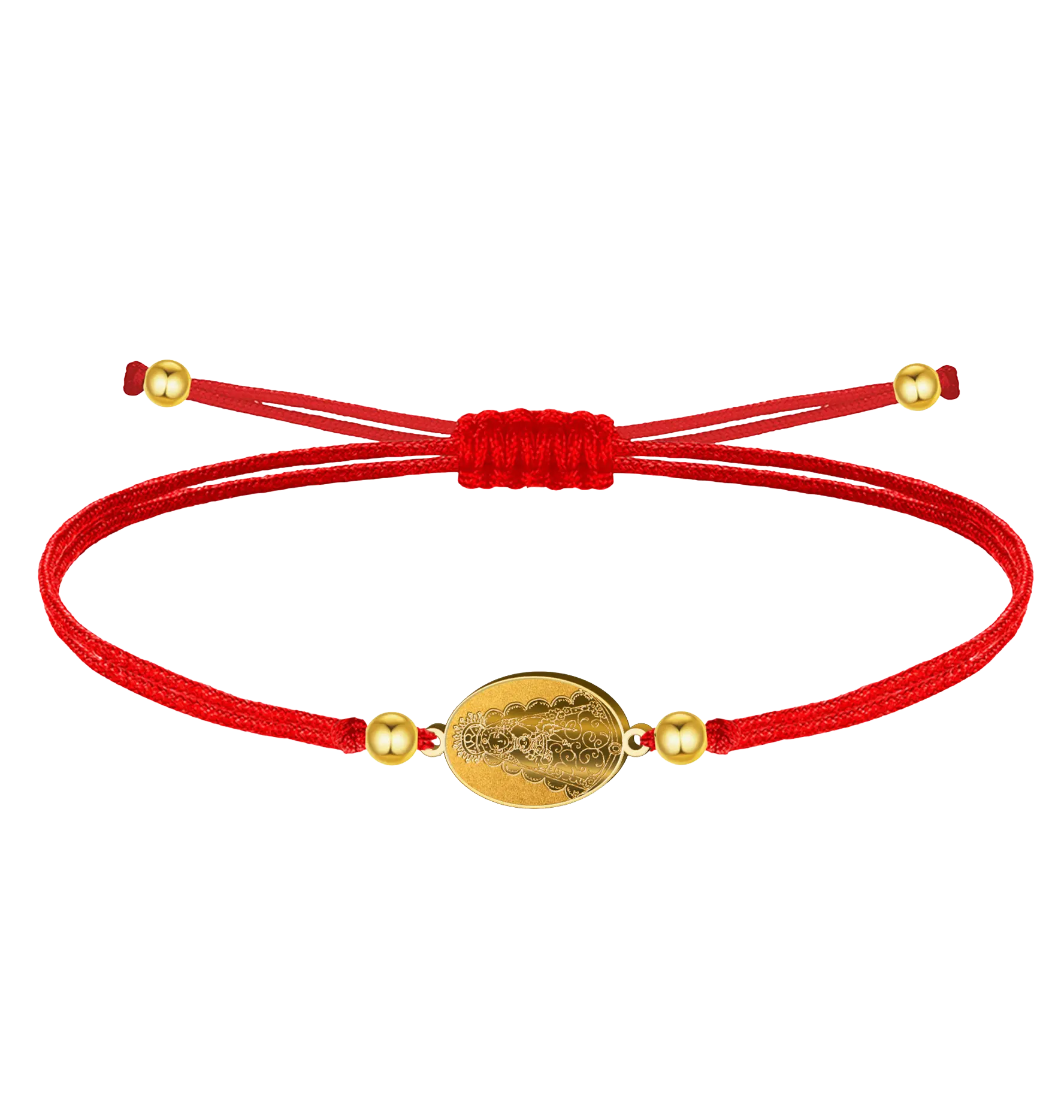 Pulsera de hilo encerado rojo con medalla ovalada de la Virgen del Rocío y cuentas en acero dorado