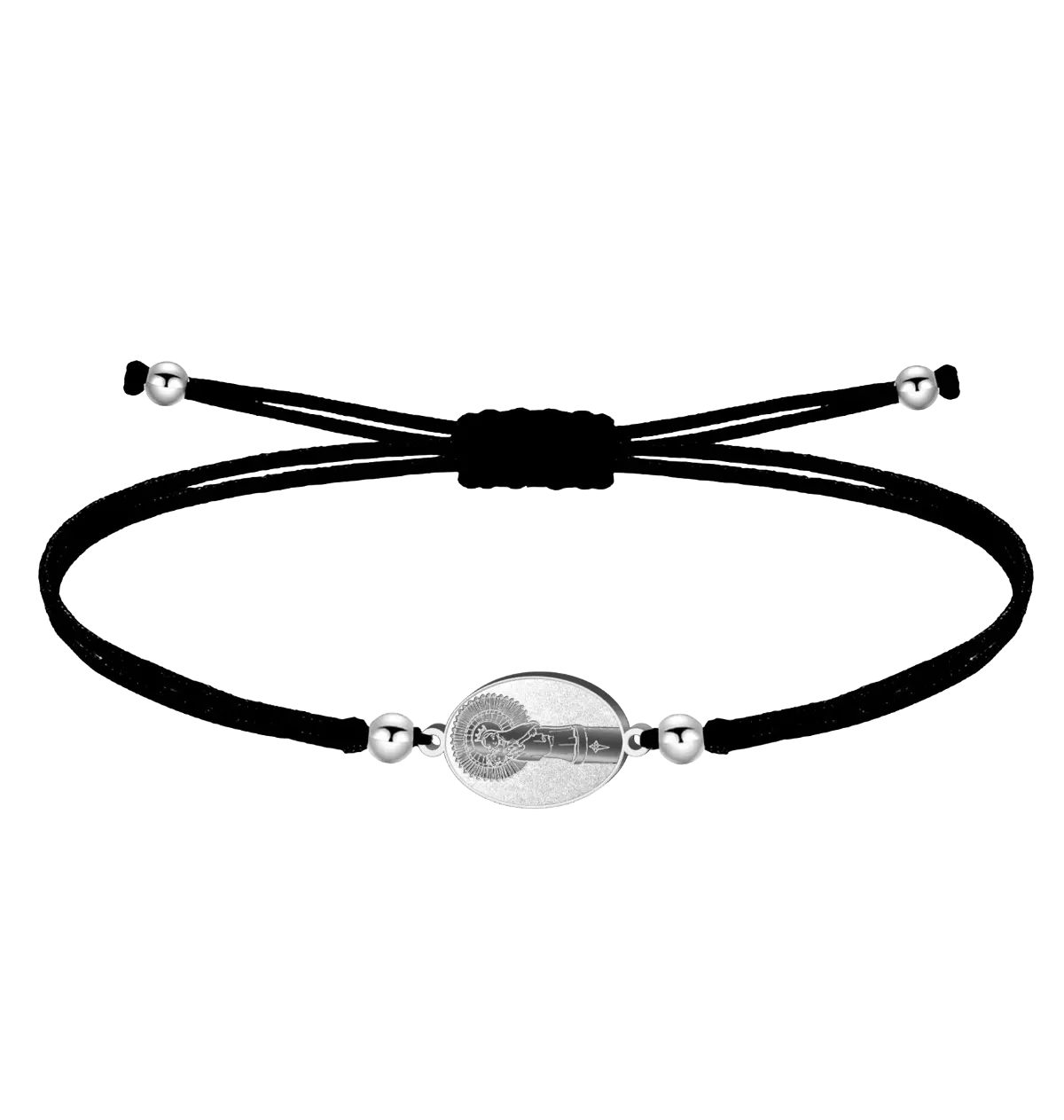 Pulsera de hilo negro encerado resistente con medalla ovalada de la Virgen del Pilar en acero plateado y nudos ajustables.