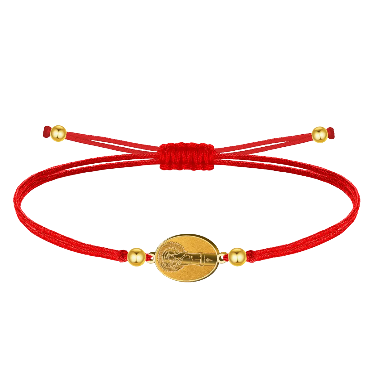 Pulsera de hilo rojo del destino con medalla de la Virgen del Pilar en acero dorado. Cierre de nudo ajustable.
