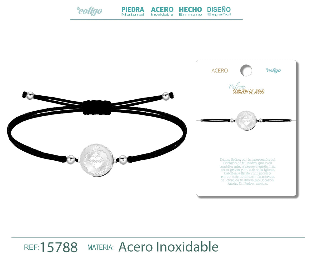 Pulsera Hilo Encerado con CORAZON DE JESUS color Plateado - cotigo