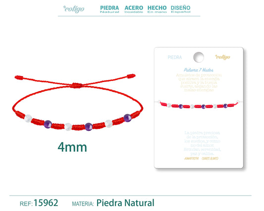 Pulsera 7 Nudos con Amatista Cuarzo blanco 4mm