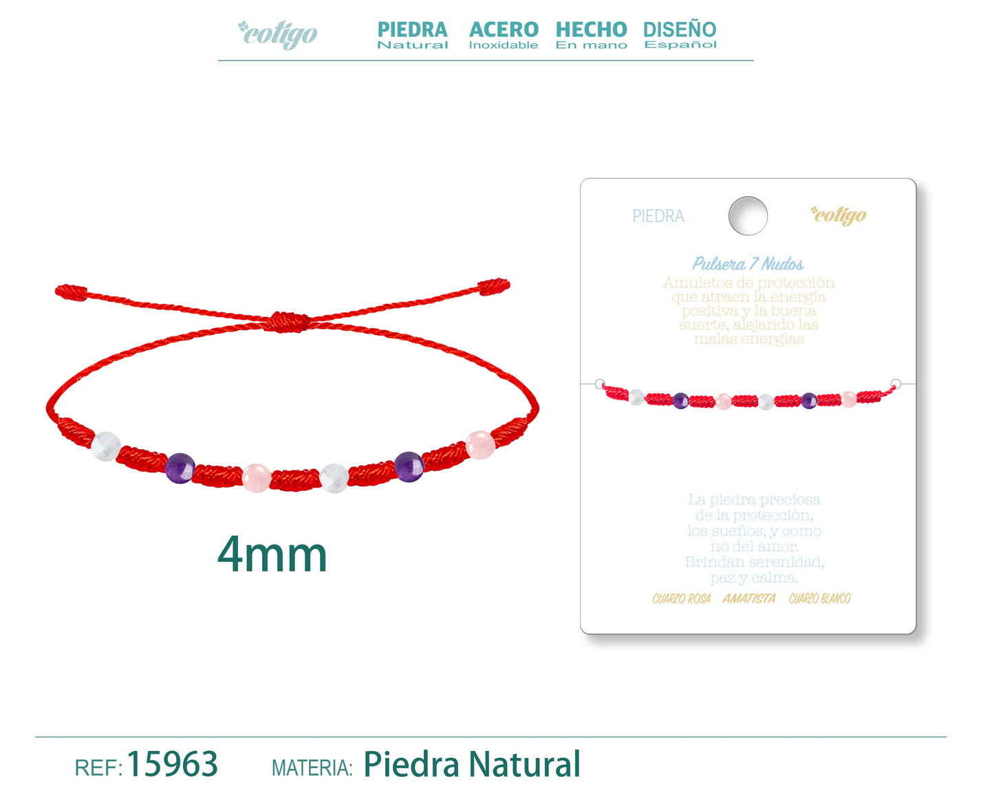Pulsera 7 Nudos con Cuarzo rosa Amatista Cuarzo blanco