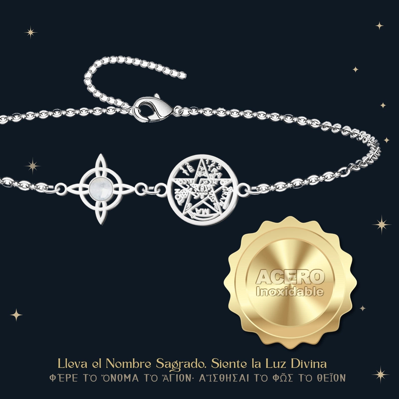 Pulsera Tetragrammaton y Nudo de Bruja con Cuarzo Blanco en Acero - cotigo
