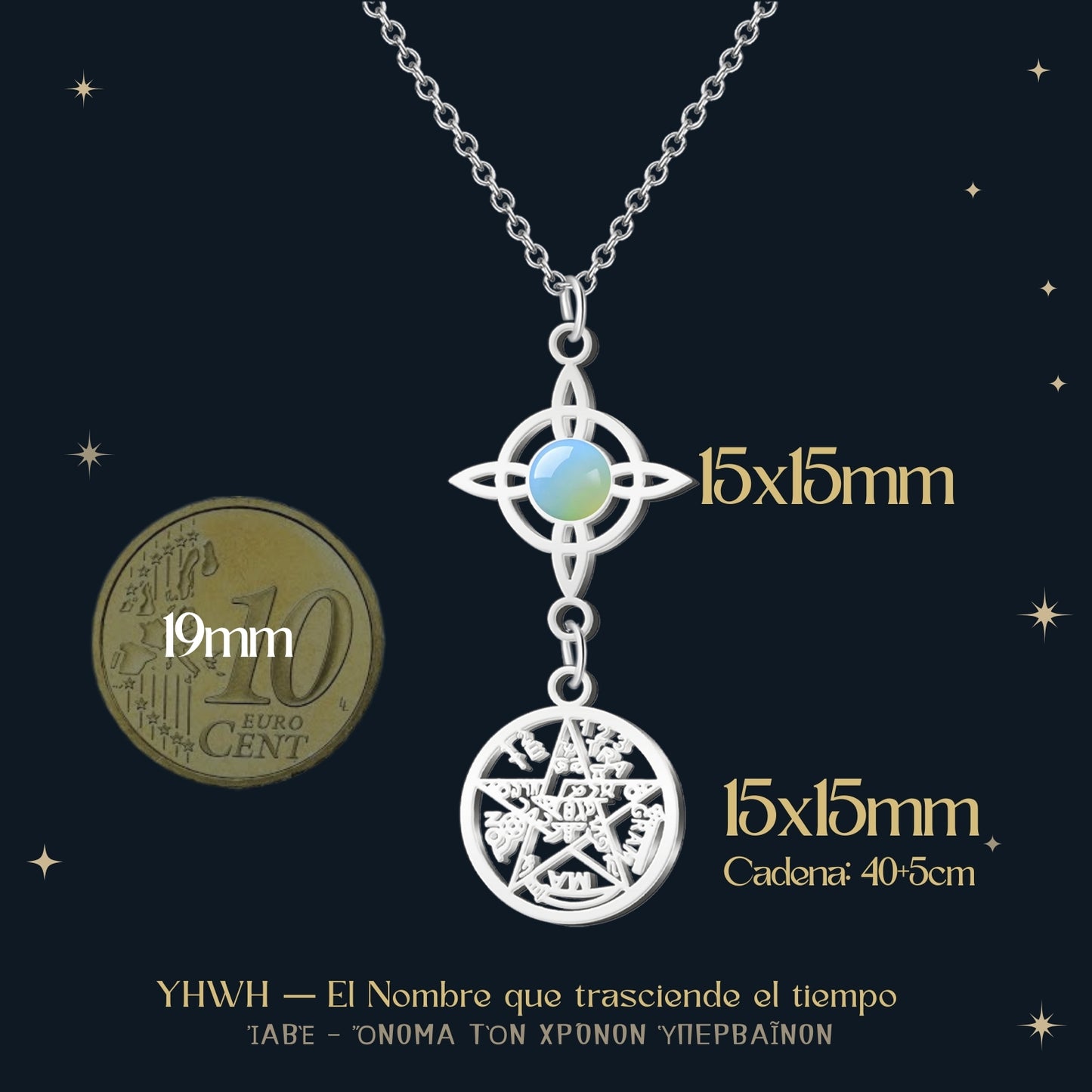 Colgante Tetragrammatón con Nudo de Bruja y Opalina – Calma, Equilibrio y Luz Interior en Acero Inoxidable