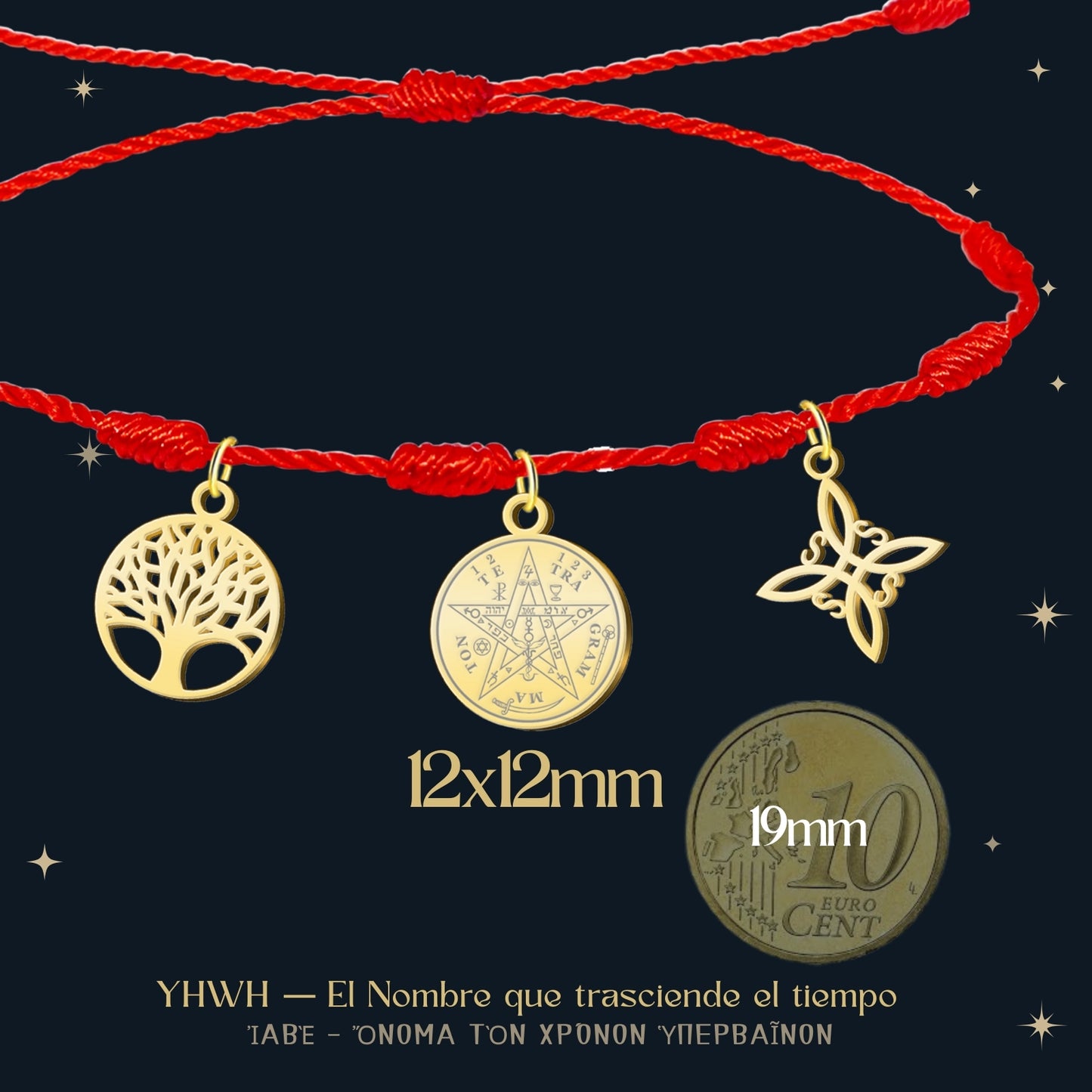 Pulsera 7 nudos con Nudo de Bruja y Tetragramatón, y Árbol de la Vida Dorado Acero Inoxidable