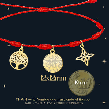 Pulsera 7 nudos con Nudo de Bruja y Tetragramatón, y Árbol de la Vida Dorado Acero Inoxidable