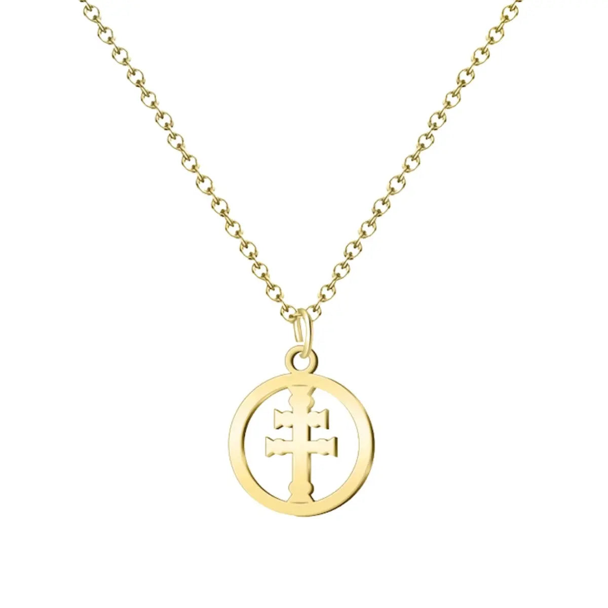 Colgante tipo medalla redonda y calada con la Cruz de Caravaca en acero inoxidable dorado, con cadena a juego sobre fondo de pergamino religioso